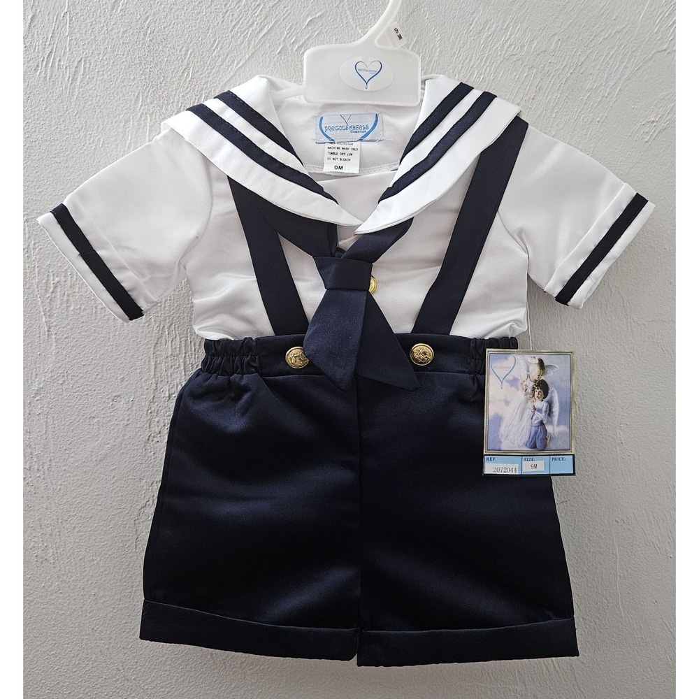Vintage NEW Baby Boy Boutique Navy Sailor Suit Romper Outfit Set Size 9 Months